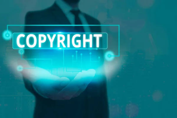 Text sign showing Copyright. Conceptual photo exclusive legal right to reproduce, publish, sell, or distribute Information digital technology network connection infographic elements icon. — Stock Photo, Image