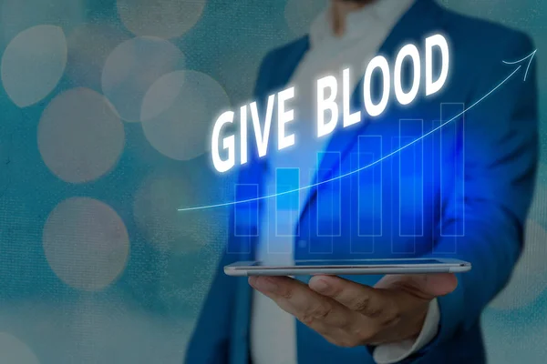 Word writing text Give Blood. Business concept for an individual voluntarily has blood drawn and used for transfusions Arrow symbol going upward denoting points showing significant achievement. — Stock Photo, Image