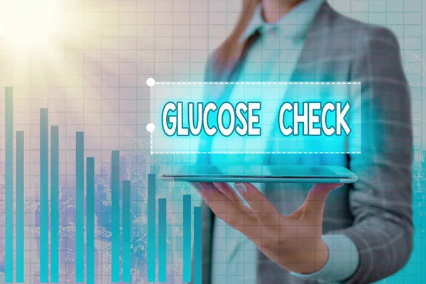 Handwriting text Glucose Check. Concept meaning a procedure that measures the amount of sugar in the blood Arrow symbol going upward denoting points showing significant achievement.