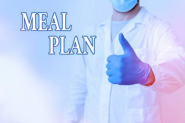 Text sign showing Meal Plan. Conceptual photo act of taking time to plan any number of meals for the week Laboratory Technician Featuring Empty Sticker Paper Accessories Smartphone.