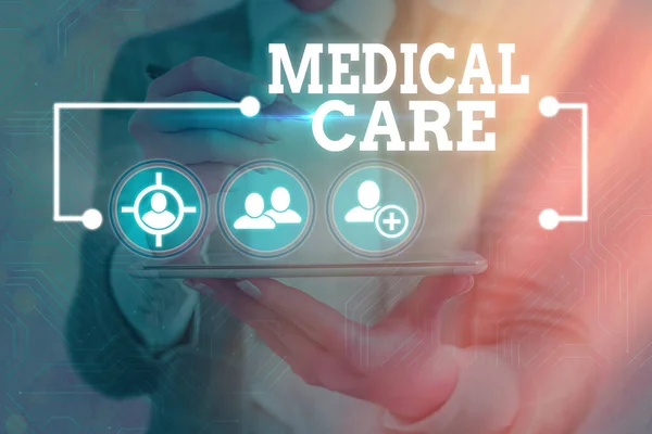 Text sign showing Medical Care. Conceptual photo the professional attention of medical practitioners in health Information digital technology network connection infographic elements icon.