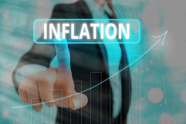 Text sign showing Inflation. Conceptual photo increase in the volume of money relative to available goods Arrow symbol going upward denoting points showing significant achievement.