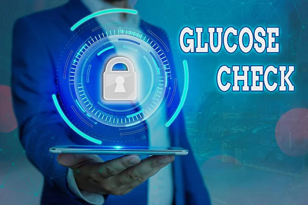 Handwriting text Glucose Check. Concept meaning a procedure that measures the amount of sugar in the blood Graphics padlock for web data information security application system.