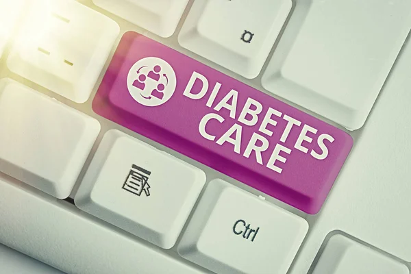 Handwriting text writing Diabetes Care. Concept meaning prevent or treat complication that can result from the disease Different colored keyboard key with accessories arranged on empty copy space.