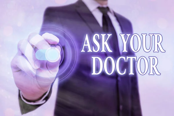 Writing note showing Ask Your Doctor. Business photo showcasing seeking information or advice from a medical professional Graphics padlock for web data information security application system. — Stock Photo, Image