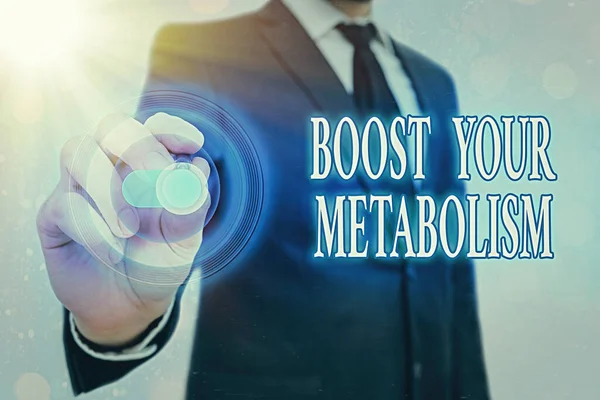 Writing note showing Boost Your Metabolism. Business photo showcasing body process uses to make and burn energy from food Graphics padlock for web data information security application system.