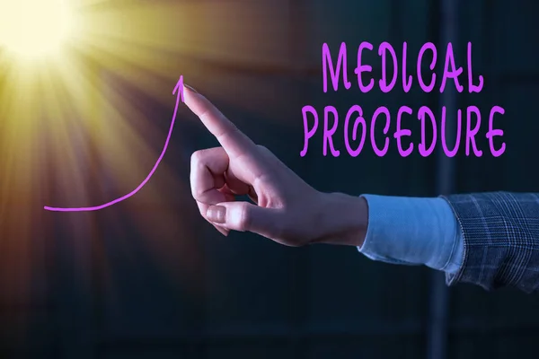 Writing note showing Medical Procedure. Business photo showcasing a course of action intended to achieve a result of healthcare Digital arrowhead curve denoting growth development concept. — Stock Photo, Image