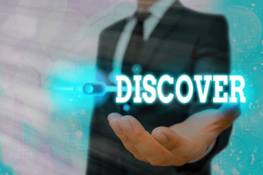 Metin işareti Discover 'ı gösteriyor. Kavramsal fotoğraf, hayatınızda ilk defa web veri güvenlik uygulaması için grafik asma kilidi hakkında görüş veya bilgi edinin.