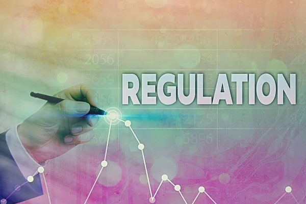Writing note showing Regulation. Business photo showcasing the authoritative rule dealing with details or procedure Arrow symbol going upward showing significant achievement. — Stock Photo, Image