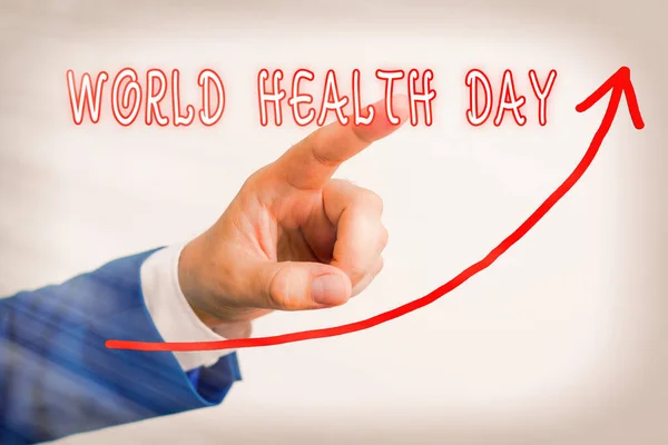 Kézírás szöveg Egészségügyi Világnap. A koncepció azt jelenti, hogy minden évben április 7-én ünnepeljük a globális egészségtudatosság napját, amikor a digitális nyíl görbéje felfelé emelkedik, ami a növekedés fejlődésének koncepcióját jelöli.. — Stock Fotó
