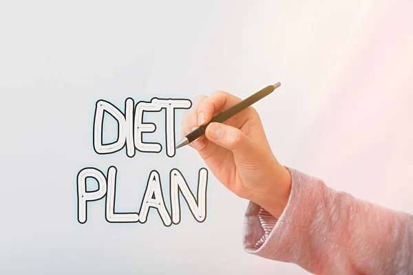 Text sign showing Diet Plan. Conceptual photo amount of food are planned out to achieve a specific weight Model displaying different shots of holding pen ready for promotional use. — Stock Photo, Image