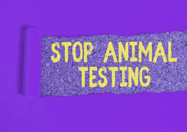 Skriftlig anteckning som visar Stop Animal Testing. Företagsfoto visa upp sätta stopp för djurförsök eller forskning Rullas slet riven kartong ovanför ett trä klassiskt bord. — Stockfoto