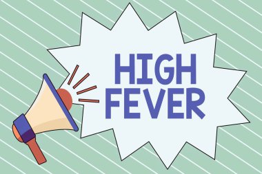 Yüksek ateşi gösteren bir not yazıyorum. İş fotoğraflarında vücut sıcaklığının ses efekti simgesi ve Boş Jagged Çığlık Baloncuğu ile her zamankinden daha yüksek olduğu tıbbi durum görülüyor..