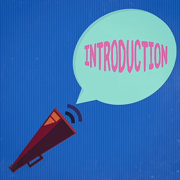 Word writing text Introduction. Business concept for act or process of introducing : the state of being introduced Piped Megaphone with Sound Effect icon and Blank Halftone Speech Bubble.