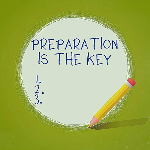 Handwriting text Preparation Is The Key. Concept meaning it reduces errors and shortens the activities Freehand Scribbling of circular lines Using Pencil on White Solid Circle.