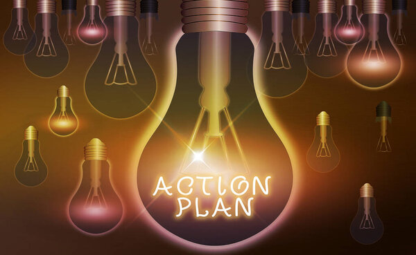 Word writing text Action Plan. Business concept for detailed plan outlining actions needed to reach goals or vision Realistic colored vintage light bulbs, idea sign solution thinking concept.