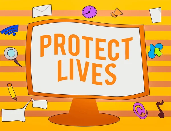 Znak tekstowy pokazujący Protect Lives. Koncepcyjne zdjęcie, aby zakryć lub osłonić przed uszkodzeniem lub zniszczeniem obrażeń Web Application Software ikony Otoczenie Blank Mounted Computer Monitor. — Zdjęcie stockowe