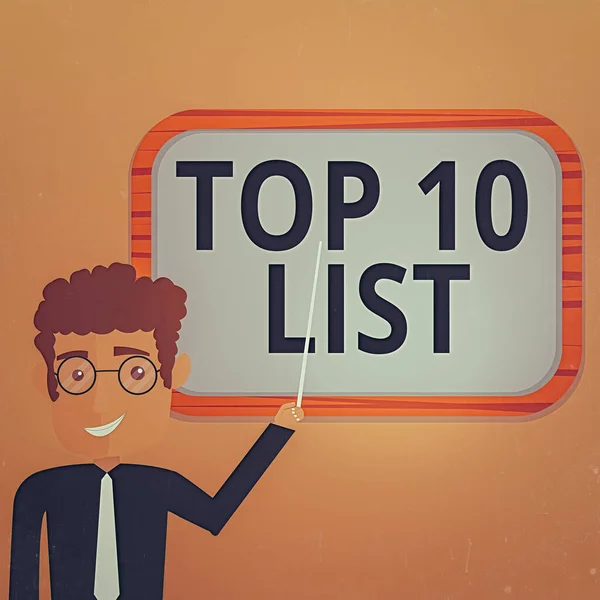 Handwriting text writing Top 10 List. Concept meaning the ten most important or successful items in a particular list Man Standing Holding Stick Pointing to Wall Mounted Blank Color Board.