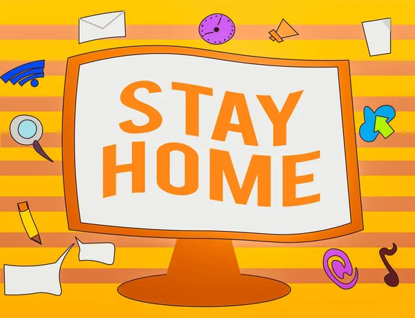 Text sign showing Stay Home. Conceptual photo not go out for an activity and stay inside the house or home Web Application Software icons Surrounding Blank Mounted Computer Monitor. — Stock Photo, Image