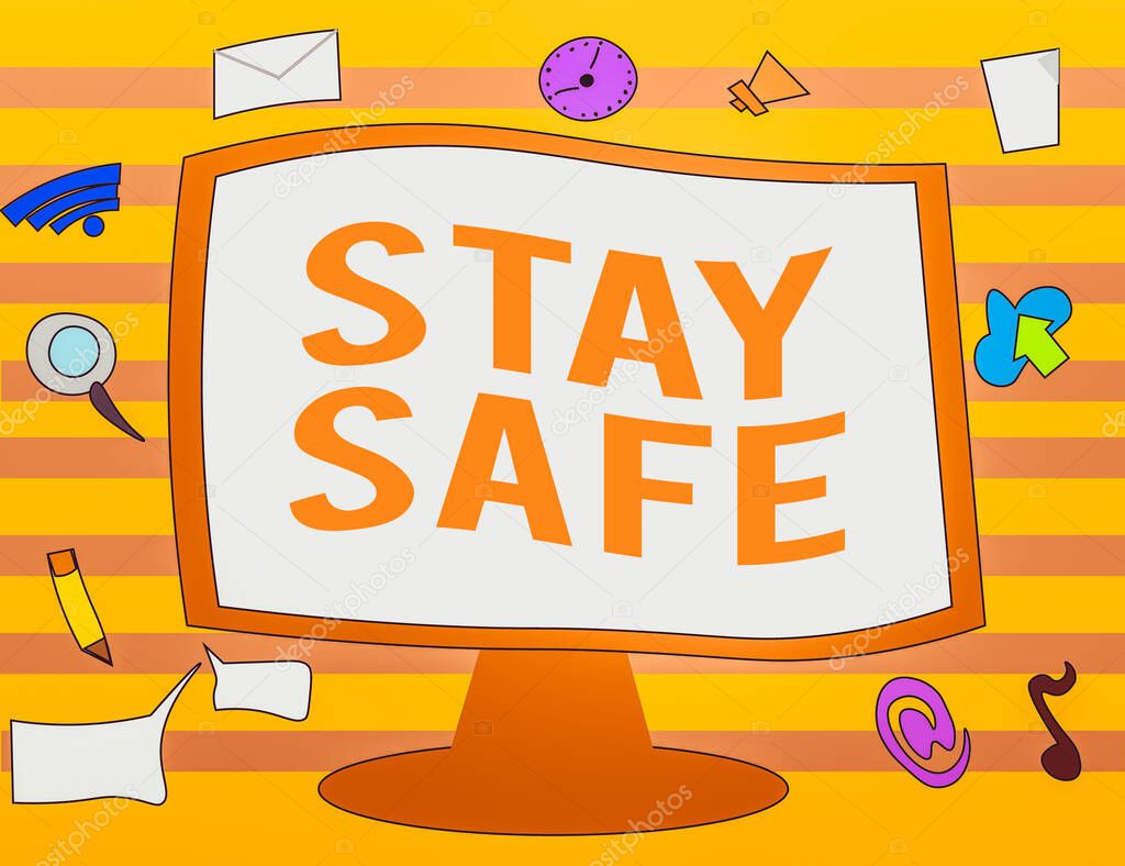 Text sign showing Stay Safe. Conceptual photo secure from threat of danger, harm or place to keep articles Web Application Software icons Surrounding Blank Mounted Computer Monitor.