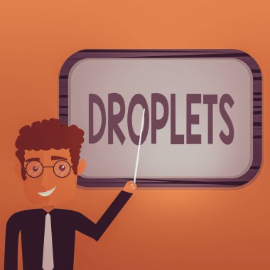 Kelime yazma metni damlacıkları. Sıvının çok küçük bir damlası için iş konsepti, belli ıslak yerlerde bulunabilir. Adam Bekleyen Sopa, Duvara Bağlı Boş Renk Tahtasını işaret ediyor..