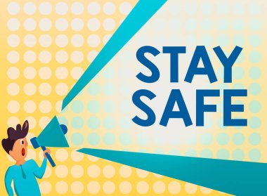 El yazısı. Güvenli Kal. Makaleleri tutmak için tehlike, zarar ya da yer tehdidinden korunan kavram Adam Uzatılmış Ses Sunucu Gücü ile Konuşan Megafon.