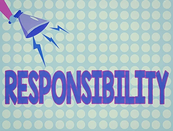 Texto de escritura de palabras Responsabilidad. Concepto de negocio para el estado de ser responsable, algo para uno es responsable de análisis de Hu Mano Sosteniendo Megáfono hacia abajo con Rayo Icono Efecto de Sonido. —  Fotos de Stock