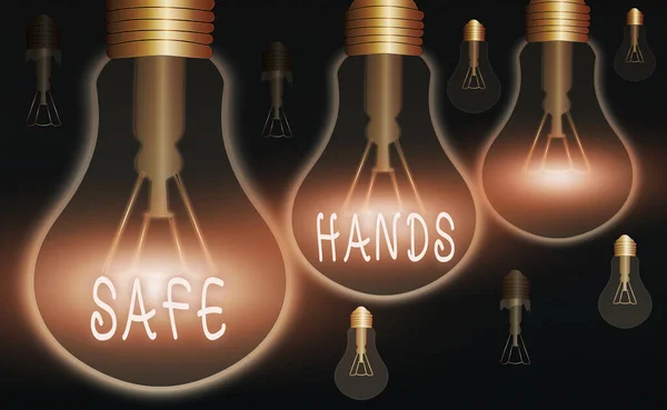 Tulisan kata Safe Hands. Konsep bisnis untuk memastikan kemandulan dan kebersihan tangan untuk dekontaminasi Lampu bohlam berwarna realistis, konsep pemikiran solusi isyarat. — Stok Foto