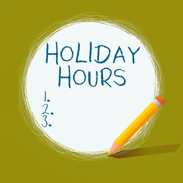 Handwriting text Holiday Hours. Concept meaning employee receives twice their normal pay for all hours Freehand Scribbling of circular lines Using Pencil on White Solid Circle. — Stock Photo, Image