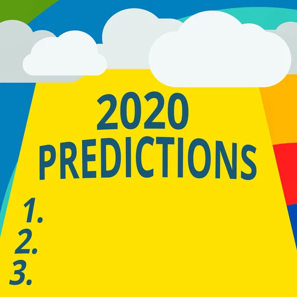 Signo de texto que muestra predicciones 2020. Conceptual photo statement about what you think will happen in 2020 Blank Clouds Halftone above Empty Vertical Rectangular Board Text space. —  Fotos de Stock