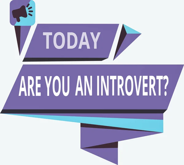 Writing note showing Are You An Introvertquestion. Business photo showcasing an individual who tends to turn inward mentally Quadrangular Abstract Shape Horizontal Graphic Megaphone. — Stock Photo, Image