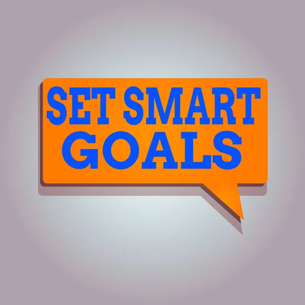 Konceptuell handstil som visar Set Smart Goals. Business foto text ger kriterier för att vägleda i fastställandet av mål Rektangulär Solid färg Halftone Tal Bubbla med skugga. — Stockfoto