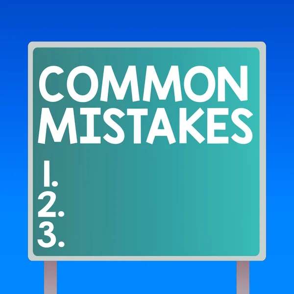 Handwriting text writing Common Mistakes. Concept meaning actions that are often used interchangeably with error Blank Square shape Billboard Standing with Frame Border Outdoor Display. — Stock Photo, Image
