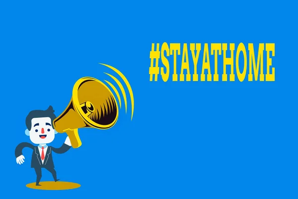 Wortschreibtext Hashtag Bleiben Sie zu Hause. Geschäftsidee für ein Trend-Label in den sozialen Medien im Zusammenhang mit dem Coronvirus-Ausbruch Man in Suit Earpad Standing Moving Holding a Megaphone with Sound icon. — Stockfoto