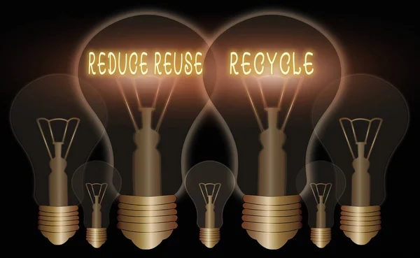 Szövegírási szöveg Az újrahasznosítás csökkentése. Üzleti koncepció a környezettudatos fogyasztói magatartáshoz Reális színes vintage izzók, ötletjel megoldás gondolkodás koncepció. — Stock Fotó
