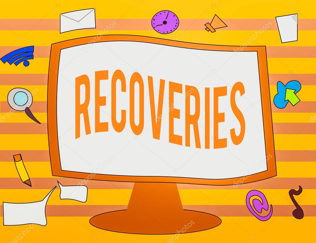 Text sign showing Recoveries. Conceptual photo process of regaining possession or control of something lost Web Application Software icons Surrounding Blank Mounted Computer Monitor.