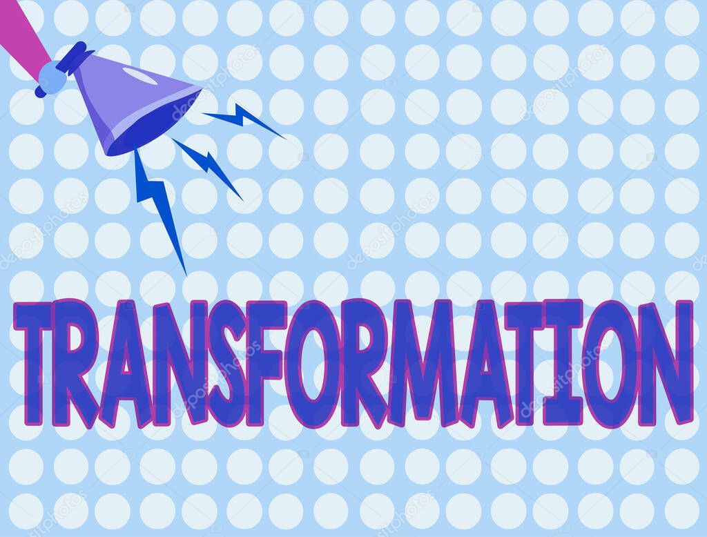Word writing text Transformation. Business concept for process, or instance of transforming or being transformed Hu analysis Hand Holding Megaphone Downward with Lightning Sound Effect Icon.
