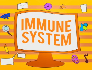 Bağışıklık sistemini gösteren metin işareti. Kavramsal Fotoğraf Kompleksi Ağı, Boş Bağlı Bilgisayar İzleyicisini Çevreleyen Web Uygulama Yazılım simgelerine karşı savunmak için birlikte çalışır.