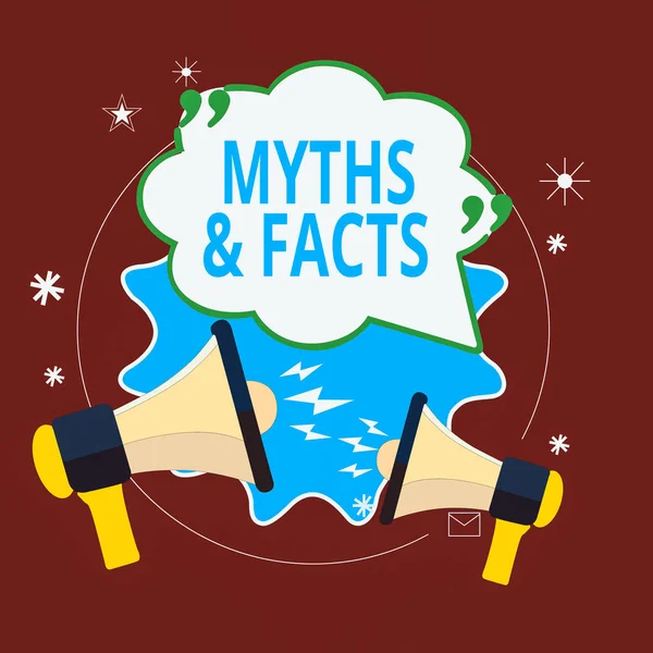 Tulisan kata Myths And Facts. Konsep bisnis untuk biasanya cerita tradisional dari peristiwa-peristiwa bersejarah Suaranya Bubble Kosong dengan Kutipan Mark Two Megaphones berteriak dan berdebat. — Stok Foto