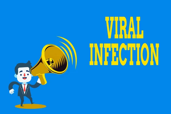 テキストを書くウイルス感染。有害なウイルスの繁殖からの細胞の特定の攻撃のためのビジネス概念耳パッドに立つ音のアイコンとメガホンを保持して移動. — ストック写真