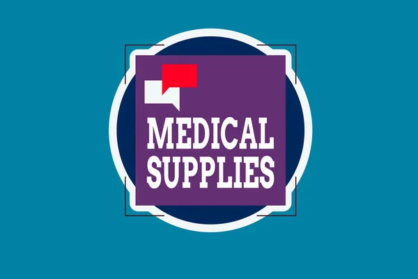 Text sign showing Medical Supplies. Conceptual photo Items necessary for treatment of illness or injury Two Empty Speech Bubble Overlapping on Blank Square Shape above a Circle. — Stock Photo, Image