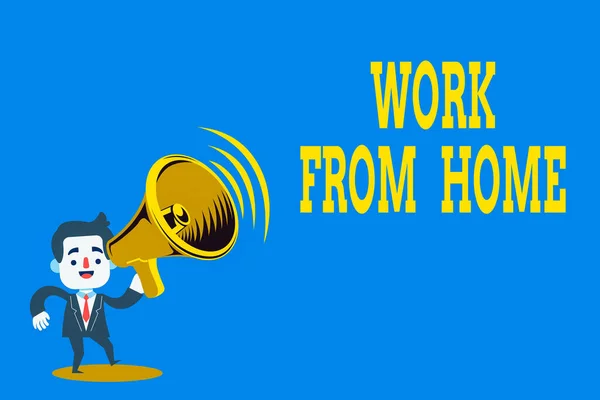 Word writing text work from home. Geschäftskonzept zur Kommunikation mit dem Unternehmen hauptsächlich von zu Hause aus flexibel Mann im Anzug Earpad Standing Moving mit Megaphon mit Sound-Symbol. — Stockfoto