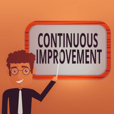 El yazısı yazısında sürekli gelişme var. Ürün veya süreçleri geliştirmek için devam eden çaba anlamına gelen kavram Adam Bekleme Çubuğu Duvara Bağlı Boş Renk Tahtasına işaret ediyor.