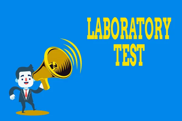 Test di laboratorio di scrittura di testi. Business concept per la determinazione di una diagnosi medica dalle sostanze testate Man in Suit Earpad Standing Moving Holding a Megaphone with Sound icon. — Foto Stock