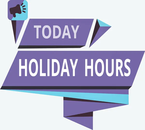 Writing note showing Holiday Hours. Business photo showcasing employee receives twice their normal pay for all hours Quadrangular Abstract Shape Horizontal Graphic Megaphone. — Stock Photo, Image