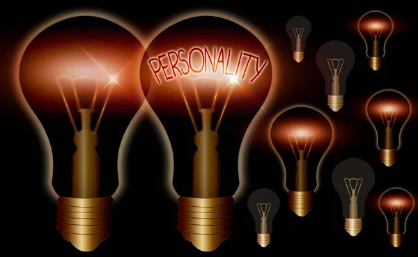 Word writing text Personality. Business concept for the condition or fact of relating to a particular an individual Realistic colored vintage light bulbs, idea sign solution thinking concept. — Stock Photo, Image