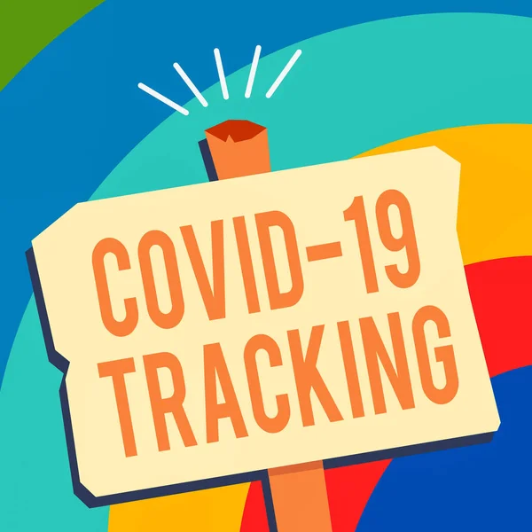 Textová značka ukazující Covid 19 Tracking. Koncepční foto Rozlišovací proces možných infikovaných jedinců Prázdný starý ošlehaný ukazatel Geometrický tvar Půltón s jedním stojanem. — Stock fotografie