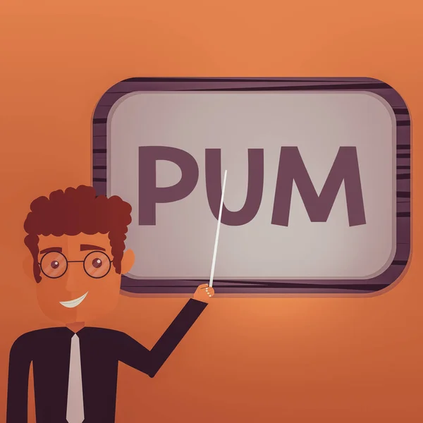 Szóírás szöveg Pum. Üzleti koncepció a nem kívánt változáshoz, amely legitim alkalmazásokkal elvégezhető Man Standing Holding Stick rámutatva a falra szerelt üres színtáblára. — Stock Fotó