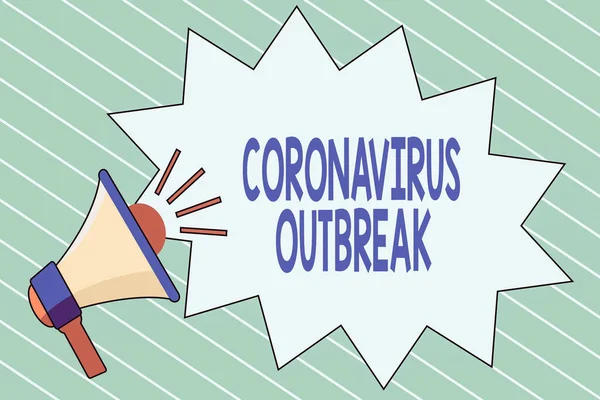 Schrijfbriefje met Coronavirus uitbraak. Zakelijke foto presentatie van besmettelijke ziekte veroorzaakt door nieuw ontdekte COVID19 Megafoon met Volume Sound Effect icoon en Blank Jagged Scream Bubble. — Stockfoto