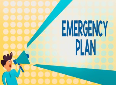 Handwriting text Emergency Plan. Concept meaning instructions that outlines what workers should do in danger Man Standing Talking Holding Megaphone with Extended Volume Pitch Power. clipart